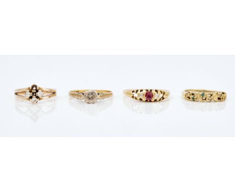 Four gold and gemstone set rings (4)comprising; an 18ct gold ring, set with a ruby and two diamonds (two further gemstones la