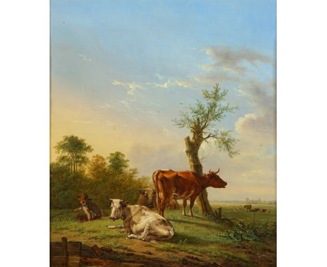 Jan Baptist Kobell II (Dutch, 1778-1814)A herdsman with cattle in a landscape, a town beyondsigned and dated 'J Kobell 1809' 