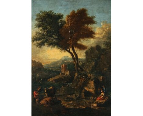 Follower of Andrea Locatelli (18th Century)An Arcadian landscape with cattle drovers, a river and a castle beyondoil on canva