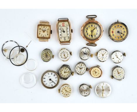 Three ladies gold cased wristwatches and a quantity of wristwatch movements (17)A Mithra gold rectangular cased lady's wristw