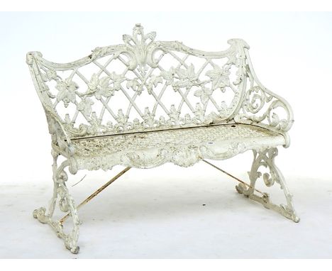 A white painted aluminium floral cast garden benchWith lattice seat, 109cm wide; 76cm highCondition report:Chips and flaking 