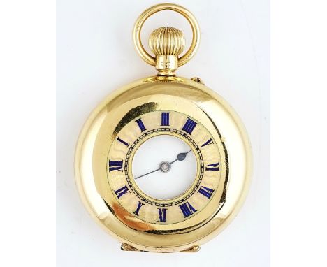 An 18ct gold cased, half hunting cased lady's fob watchThe unsigned gilt jewelled lever movement numbered 196312, the casebac