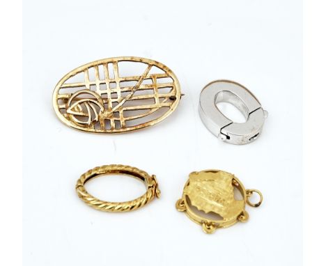 A 9ct gold brooch and three further items (4)The 9ct gold oval brooch in a pierced Mackintosh inspired design, weight 5.6 gms