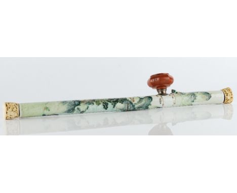 A rare Chinese famille-rose opium pipe19th centuryof cylindrical form in two parts, painted with figures in an extensive land