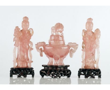 A pair of Chinese rose quartz figures of Guanyin and a rose quartz censerlate 19th/20th centuryeach goddess carved standing h