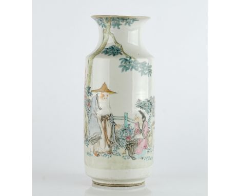 A Chinese porcelain famille-rose rouleau vasesigned Jiang Yuqing, 20th centurypainted with an old man and a child in a landsc