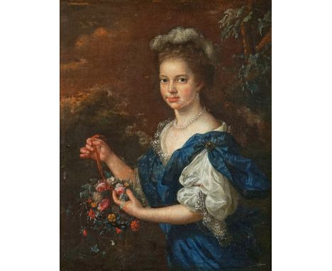 Circle of Caspar Netscher (Dutch, 1639-1684)Portrait of a lady holding a garland of flowersbears King George VI Art Gallery l