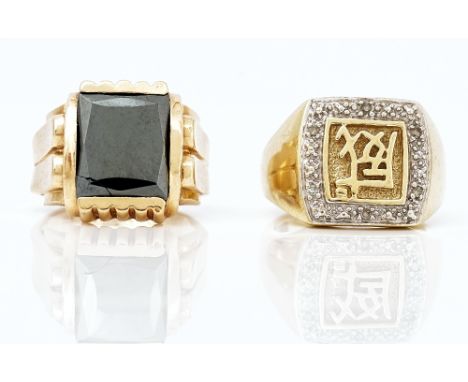 Two gold rings (2)A 9ct gold and diamond set ring, with a character motif to the centre, ring size M, gross weight 6.4 gms an