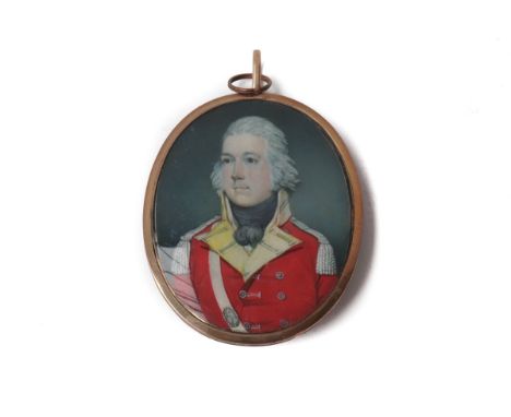 Portrait miniature of an army officerEnglish School, 18th centuryWatercolour, unsigned, in a gilt-metal and enamel frame, the