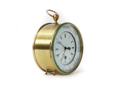 A brass cased clock barometerBy Richard A Paris, Circa 1840The drum-shaped case enclosing a two-part enamel dial , detailed '