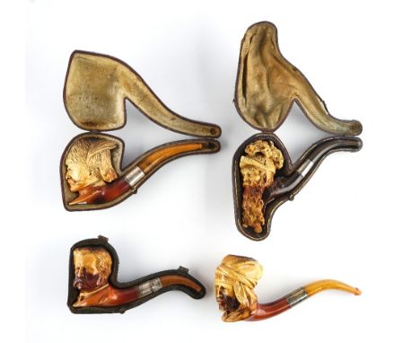 FOUR FIGURAL MEERSCHAUM PIPES (4)19th CenturyTo include; one modelled as a gentleman wearing a fur hat with a feather plume, 