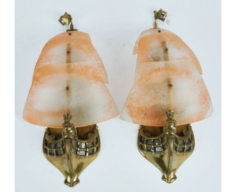 A pair of brass and etched glass nautical wall lightsBy Banksway, circa 1930Each stamped 'Banksway B444' and 'Rd 800286', mod