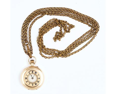A 9ct gold cased, keyless wind, half hunting cased lady's fob watchWith an unsigned gilt jewelled cylinder movement, 9ct gold