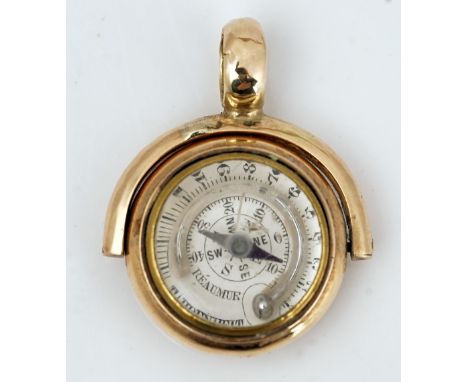 A gold mounted compass/thermometer fob sealGlazed to one side with a mercury thermometer and compass, detailed Reaumur Fahren