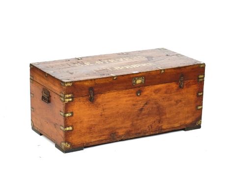 A brass bound camphor wood rectangular travelling trunkEarly 20th century, 94cm wide; 41cm high