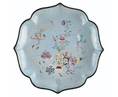 A Beijing lavender- ground enamel dishQianlongpainted with a vase of flowers surrounded by Buddhist emblems inside a barbed r
