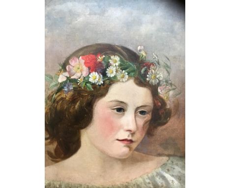 English School, late 19th / early 20th century oil on canvas - portrait of a girl with flowers in her hair, 46 x 31cm, unfram