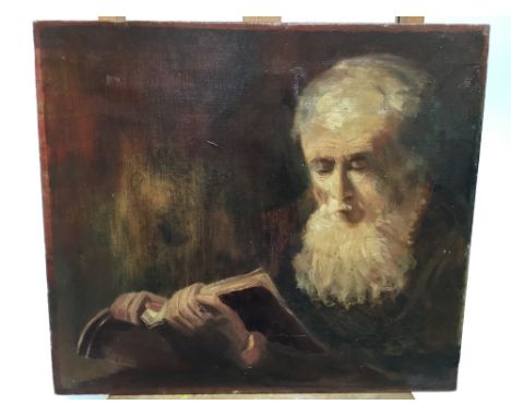 English School, 19th century, oil on canvas - portrait of Charles Darwin reading a book, unframed, 36cm x 41cm