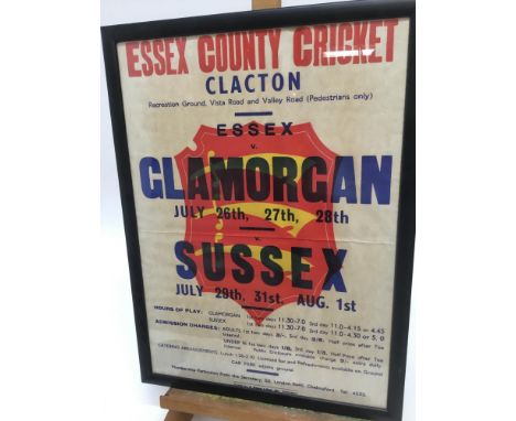 Two vintage Essex cricket club match day flyers, approximately 50 x 36cm, framed