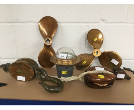 Sestrel ships brass binnacle compass, two ships propellers, and pulleys (6)