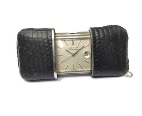 1950s-1960s Movado Ermetoscope stainless steel and black leather purse watch with silvered dial with date , Serial no. 126473