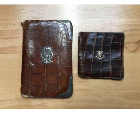 Vintage Asprey gold and silver mounted crocodile wallet and another by Drew and Sons