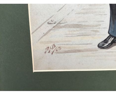 An Edwardian English School watercolour illustration - portrait of a college porter, initialled P.J.B. '03, framed, 36cm x 26