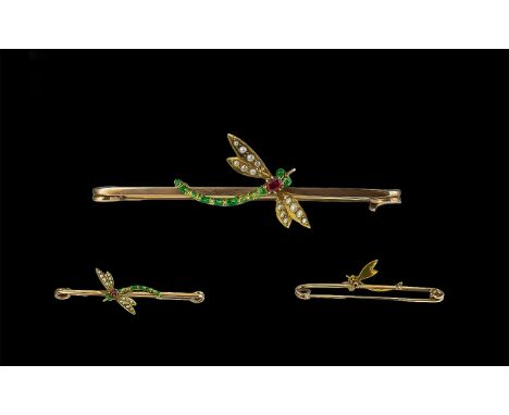 Antique Period - Novelty 15ct Gold Dragonfly Brooch Set with Seed Pearls, Emeralds and Rubies. c.1880's. Not Marked but Tests