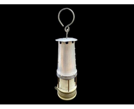 Miner's Lamp, metal and brass, with hanging hook.  Measures 10" tall plus hook.