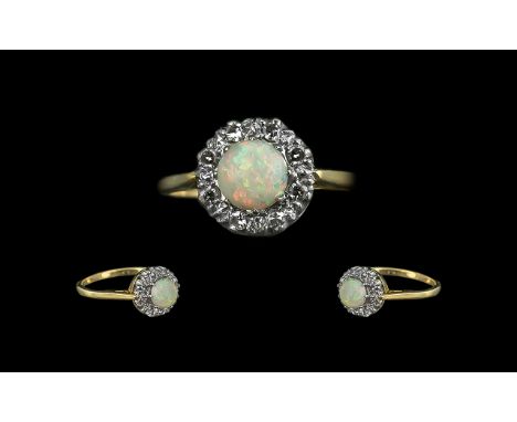 Ladies 18ct Gold &amp; Platinum Opal &amp; Diamond Set Cluster Ring, marked 18ct and Platinum to interior of shank.  The Opal