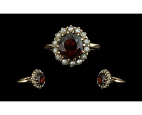 Antique Period Attractive 9ct Gold Garnet and Seed Pearl Set Cluster Ring, c1880-1900, not marked but tests gold, Ring size G