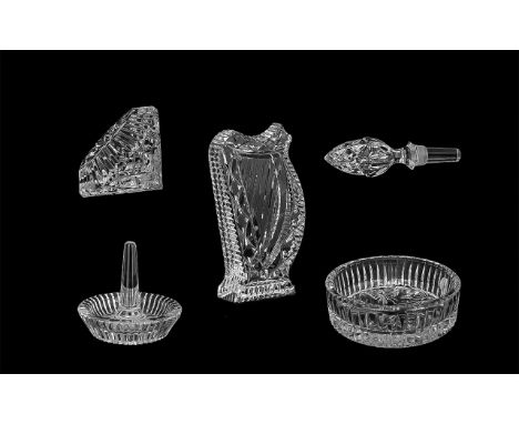 Waterford Crystal - Five Items of Crystal, comprising a 5" harp, a ring holder, a round bowl 5" diameter, a paperweight, and 