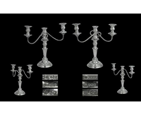 Elizabeth II Superb Pair of Sterling Silver Two Branch Candelabra, convert to single candlesticks if required.  Hallmark Shef