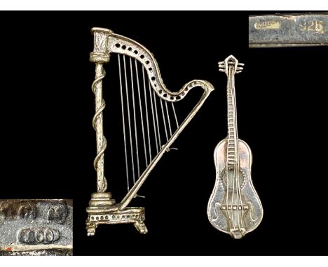 Musical Instrument Interest. 2 Miniature Novelty Musical Silver Instruments, Comprises 1/ Silver Double Bass?, Marked for Sil