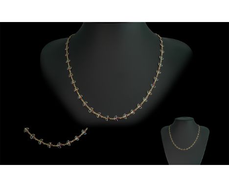Ladies Exquisite 9ct Gold Sapphire And Ruby Set Necklace - Full Hallmark. Excellent Design. Leaves Set with Sapphires &amp; R