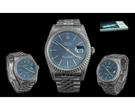 Rolex Gent's Oyster Perpetual Datejust Chronometer - Stainless Steel Wrist Watch, with blue dial and silver markers and hands