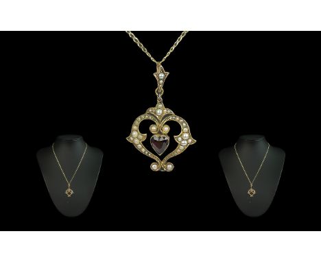 Antique Period Exquisite 9ct Gold Seed Pearl &amp; Garnet Set Ornate Pendant Drop, with later attached 9ct gold chain, marked