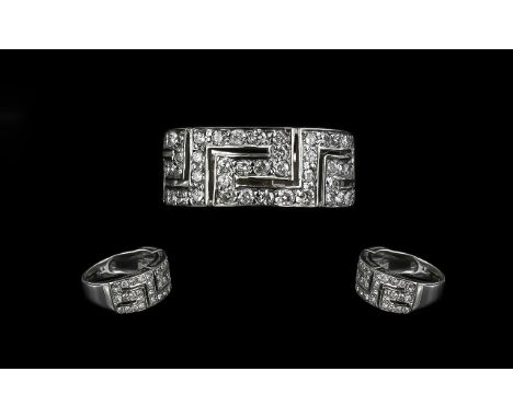 18ct White Gold Greek Key Design Ring approx 52 round cut diamonds est weight 1 carat fully hallmarked ring size M