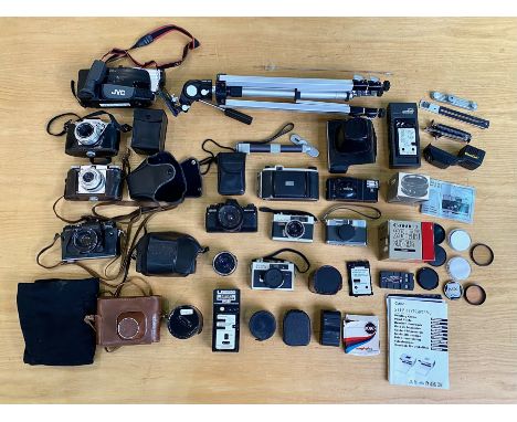 Camera Interest - Box of Camera Equipment, comprising Ricoh 500 camera, Praktica, Compact VHS Video Recorder, EXA 500 Camera,