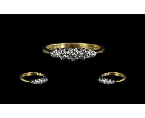 18ct Gold Diamond Ring set with five graduated round cut diamonds, illusion set, fully hallmarked.  Ring size P.