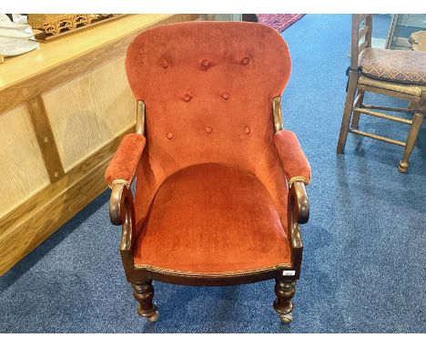 Antique Fireside Chair, Mahogany with upholstered button back and arms, finished in red velvet fabric.  Raised on four shaped
