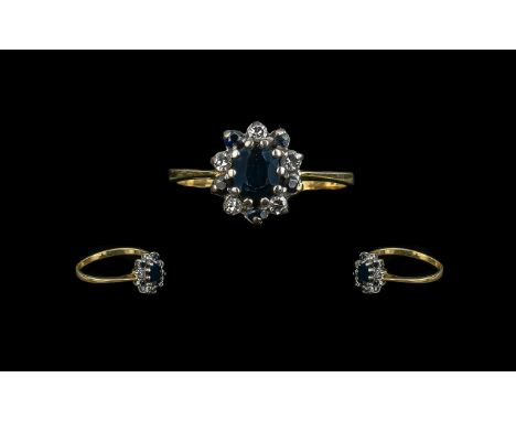 18ct Sapphire and Diamond Cluster Ring central sapphire surrounded by alternating sapphire and diamonds, Ring size P. Fully  