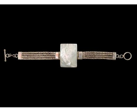 Large Heavy Art Deco Statement Mother of Pearl &amp; Silver Bracelet. Marked for Silver. Length Approx 6.5 Inches, the Mother