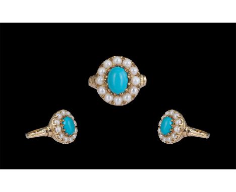 Antique Period - Attractive 9ct Gold Turquoise and Pearl Set Cluster Ring. Full Hallmark to Interior of Shank. Ring Size O. W