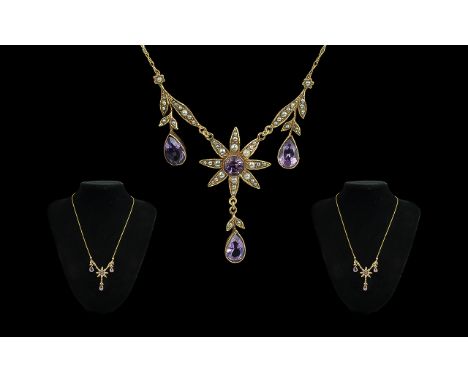 Victorian Period Attractive 9ct Gold Amethyst and Seed Pearl Ornate Designed Pendant / Necklace. Marked 9ct. Weight 6.3 grams