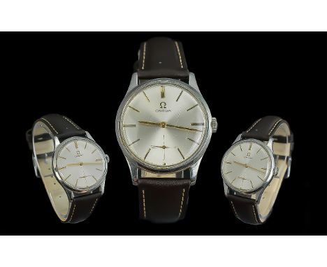 Omega - Gents Signed Steel Cased Mechanical Wrist Watch, circa 1960's.  Features gold markers, pearl lustre dial, subsidiary 