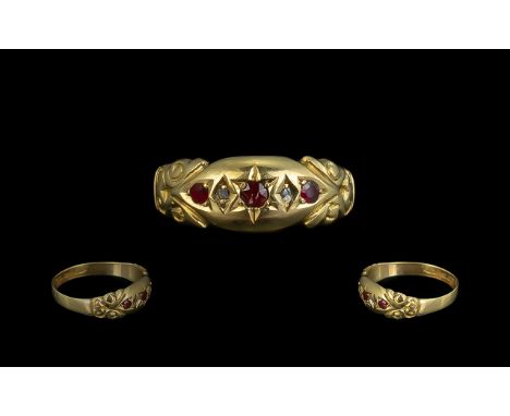 Edwardian Period - Attractive 5 Stone Ruby and Diamond Set Ring with Ornate Setting. Marked 18ct with Full Hallmark Chester 1