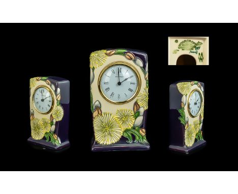 Moorcroft Modern Tube lined Table Clock. Date 2008. ' Daisy's ' Design on Cream and Blue Ground. Height 6,25 Inches. Very Goo