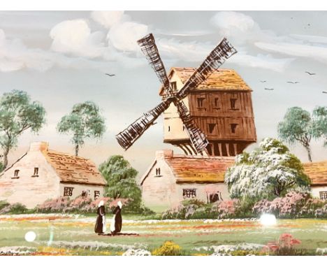 Two J Ashworth Paintings, both depicting windmills and river scene.  Mounted, framed and glazed, each measures 15" x 36".