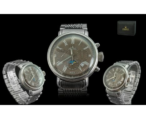 Poljot - International Manual Wind 1589 Stainless Steel 23 Jewels Chronograph Moonphase Calendar Watch. Features Black Dial, 